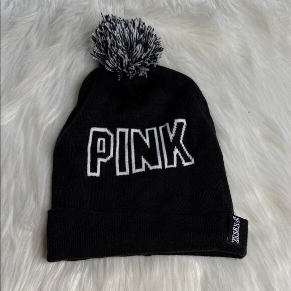 PINK Victoria’s Secret Black Knit Pom Pom Topper Hat - Picture 1 of 5